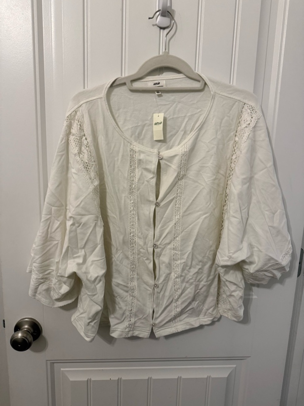 Aerie White Lace-Trim Button Front Women's Top cardigan